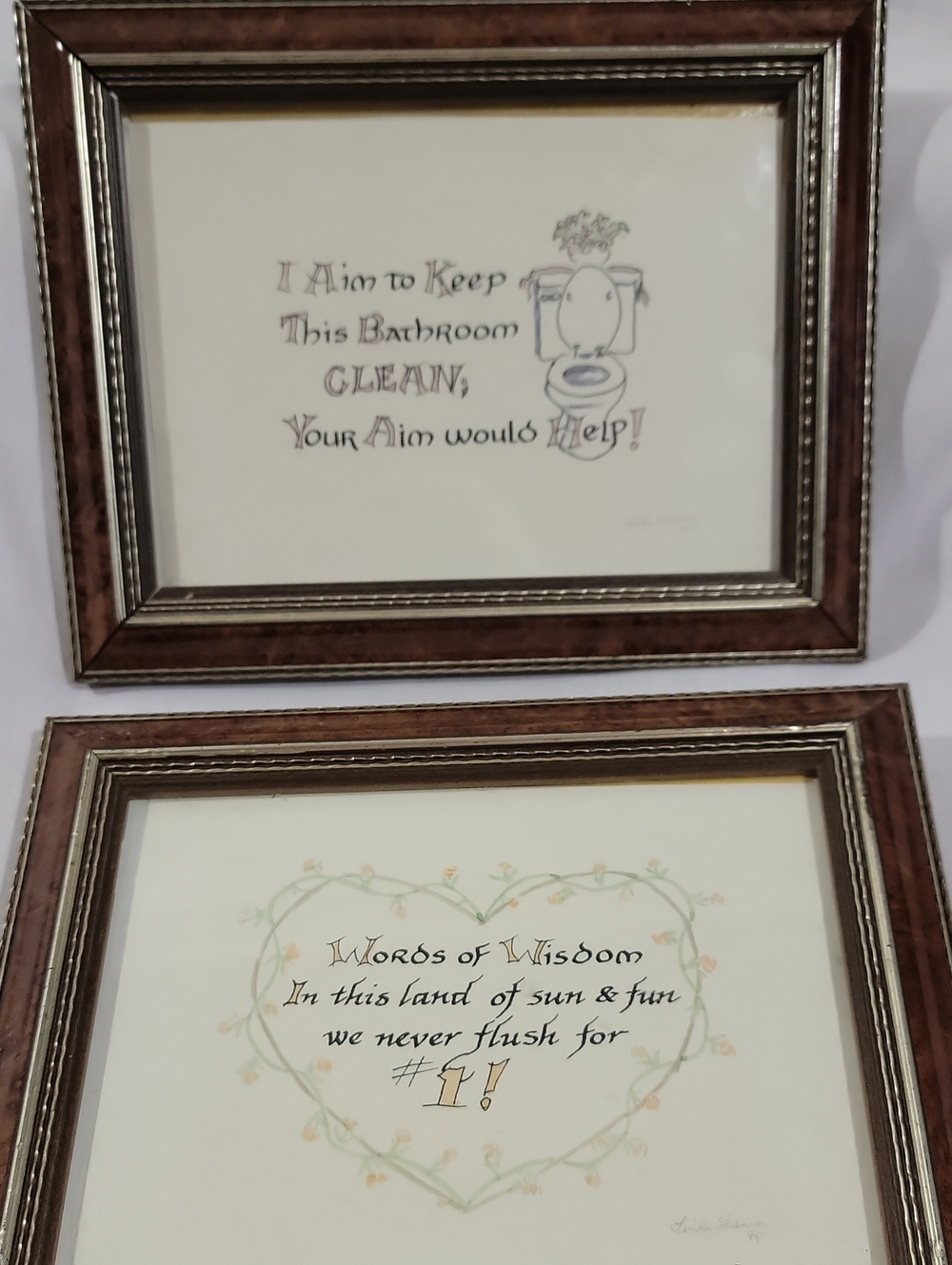 Pair Of Vintage 1994 Framed Bathroom Art Pair Signed Linda Shannon Folk Art